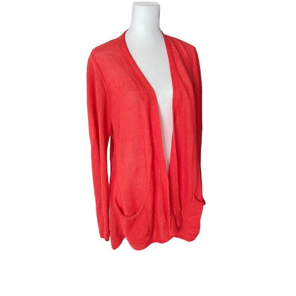J.Jill Small Cardigan Sweater Linen Cotton Red Orange Open Front Pockets - Picture 5 of 12